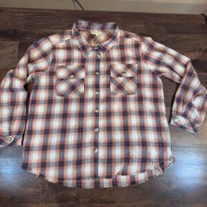 Democracy Shacket Button Down, Pockets,‎ Orange, Gray & White Plaid, Size L